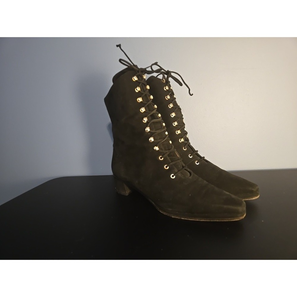 Delman Womens Ankle Boots Black Suede Leather Lace Up Size 8 US